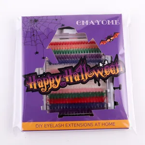 Λεπτομέρεια macro από πολύχρωμες βλεφαρίδες Halloween DIY σε μωβ κουτί δώρου
