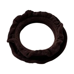 Elastic coffee brown velvet scrunchie with ruffled edge for hair styling and ponytail
