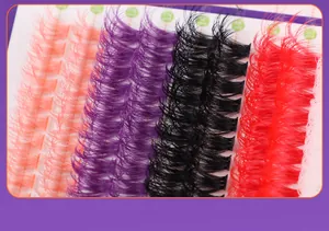 Detailed close-up of mixed colorful eyelash extensions in lengths from 10mm to 16mm