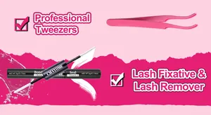Wimperlijm en sealer met roze pincet op een grafische achtergrondset