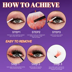 Guide for colorful cluster lashes with orange and purple extensions and tools