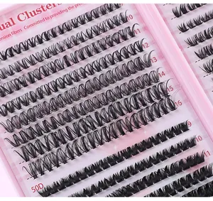 Close-up of DIY cluster lashes showing 50D density and lengths from 9mm to 16mm