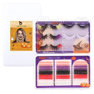 Colorful Halloween false eyelashes set with vibrant multi-color thick volume extensions