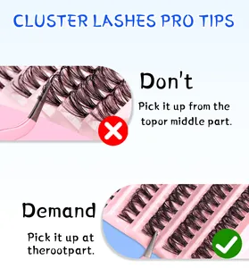 Guide showing correct way to pick up individual lash clusters using pink tweezers