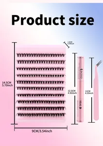 Detailed sizing chart for DIY lash cluster kit including tray, bond seal and pink tweezers