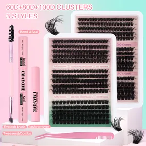 DIY eyelash extension kit showing 60D 80D 100D lash clusters with bond seal and remover