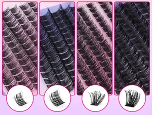 Detail van vier stijlen zwarte individuele wimperplukjes met ingezoomde krulweergave
