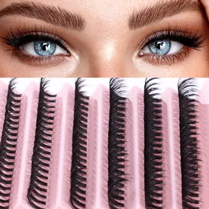 Dramatic thick curled false eyelashes 200 clusters set on pink wave board with eye close-up