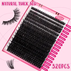 Set di 320 ciglia finte singole 80D con lunghezze miste da 10 a 16mm e curvatura D