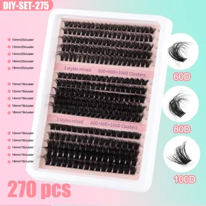 Detailed view of DIY lash kit with 60D, 80D, 100D density clusters and mixed lengths