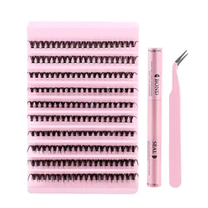 Complete individual lash kit with 200 clusters, pink dual-ended glue and applicator tweezers