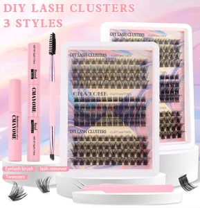 DIY eyelash extension kit with glue, tweezers, and clusters from 10mm to 16mm