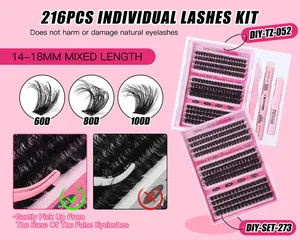 Detail view of 216pcs DIY eyelash cluster kit with 60D 80D 100D lashes and tools