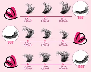 Size chart showing 60D, 80D, and 100D eyelash extensions with 14mm to 18mm lengths