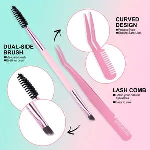 Pink dual-ended eyelash brush and angled liner brush with professional precision tweezers
