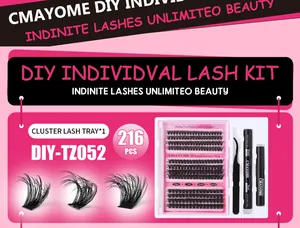 Professional DIY eyelash extension kit featuring 216 clusters, bond, seal, and tweezers