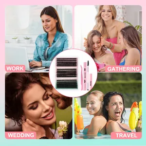 DIY individual eyelash extension kit showing various lengths for work, wedding and travel