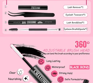 Eyelash extension kit detail featuring 5ml remover, dual-end bond, seal and metal tweezers