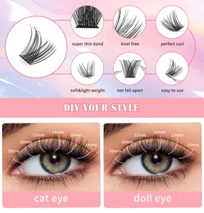 Detail of DIY lash clusters showing 10-16mm lengths and cat eye vs doll eye effects