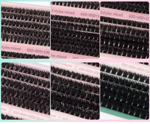 Detail view of mixed cluster lashes showing 60D, 80D, and 100D volume density and curl