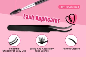 Close-up of pink ergonomic lash tweezers and 2-in-1 spiral brush for lash extension application