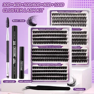 DIY cluster lash kit detail with 10-16mm trays, bond, seal, and professional application tools
