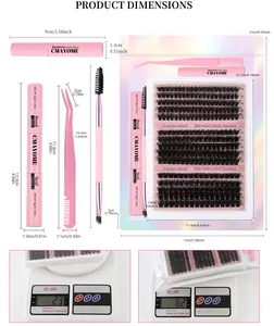 DIY eyelash extension kit showing pink tools, glue, and mixed cluster sizes from 10mm to 18mm