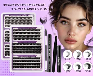 DIY eyelash extension kit featuring various density clusters with glue and tweezers set