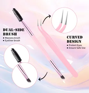 Detailed view of pink dual-side lash brush and curved tweezers for eyelash extensions