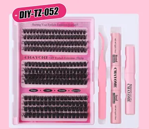 Macro detail of DIY eyelash extension kit including cluster lashes and tweezers