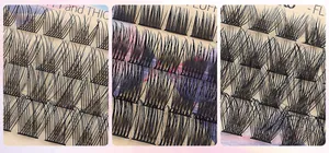 Detail of mixed fluffy and thick individual lash clusters with glue and tweezers kit