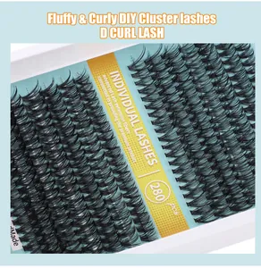 Macro detail of 280 clusters of D-curl black synthetic fiber DIY lash extensions set