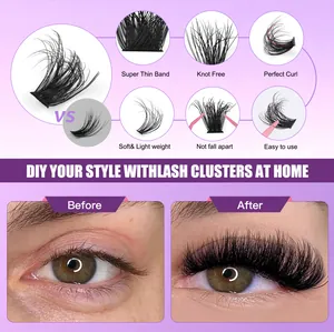 Macro detail showing super thin band and knot-free DIY lash clusters with before after effect