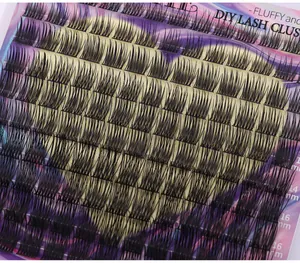 Detail of 14mm and 16mm fluffy DIY lash clusters showing dense black synthetic fiber texture