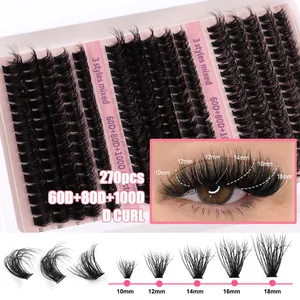 DIY cluster lashes kit with 270 pcs of 60D 80D 100D density and D curl in 10-18mm length