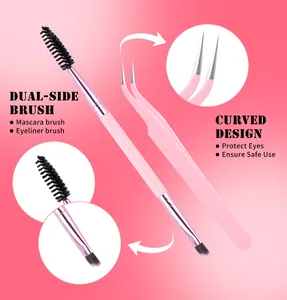 Detailansicht der rosa Doppel-Wimpernbürste und der gebogenen Pinzette für Wimpern-Kits