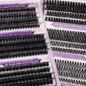 Close-up of black DIY cluster eyelash extensions in 10-16mm mixed lengths on purple card