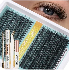 Macro detail of 280 clusters DIY eyelash extension kit with glue and application tools