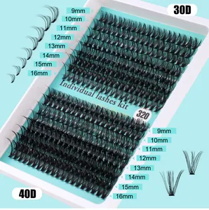 Détail du kit d'extension de cils DIY avec grappes 30D/40D et longueurs de 9-16mm