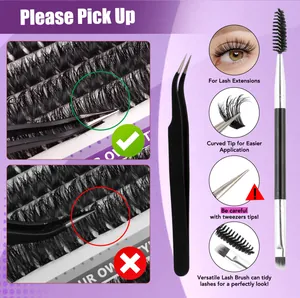 Detail of professional lash extension kit with matte tweezers, brushes, and DIY cluster lashes