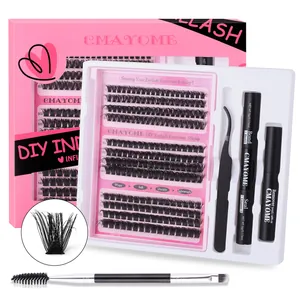 DIY eyelash extension kit with 216 clusters and essential tools in a pink box