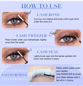 Four-step DIY lash extension guide showing bond, tweezers, seal, and remover application