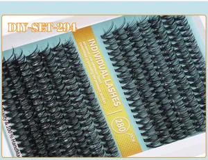 Close-up of 280 individual eyelash extension clusters in 10-16mm lengths for DIY sets