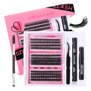DIY eyelash extension kit with 216 clusters, 60D 80D 100D lashes, glue and tweezers