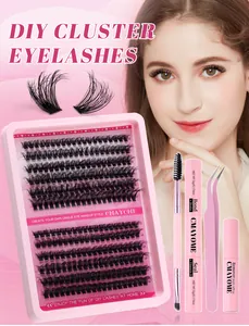 DIY cluster eyelash extension kit with 10-18mm natural wispy lashes and pink tools