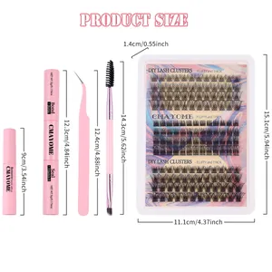 DIY eyelash extension kit with 148 clusters, bond, seal, remover, and pink tweezers