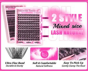 Macro view of ultra fine band DIY eyelash clusters with mixed sizes from 14mm to 18mm