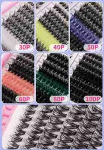 Detail view of cluster eyelash extension sets from 30P to 100P density specifications