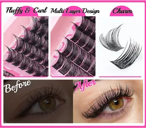 Macro detail of multi-layer curly individual lashes with before and after comparison
