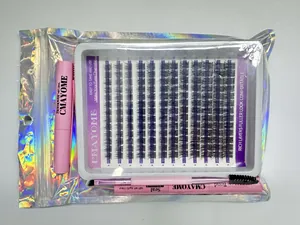 DIY eyelash extension kit featuring clusters, 5ml remover, and dual-end bond and seal tool